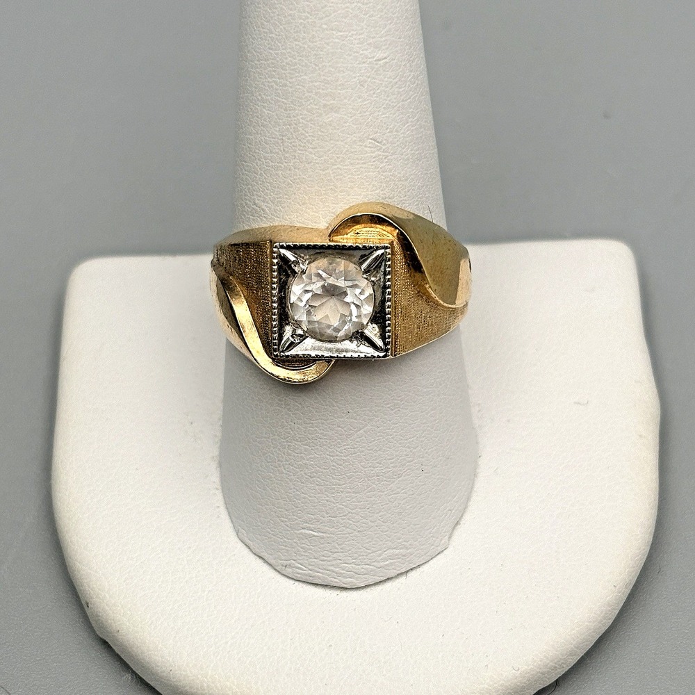 Vintage Mens 10k Gold Filled Ring Clear Stone 9.75 MCM Bold Statement 9.58g